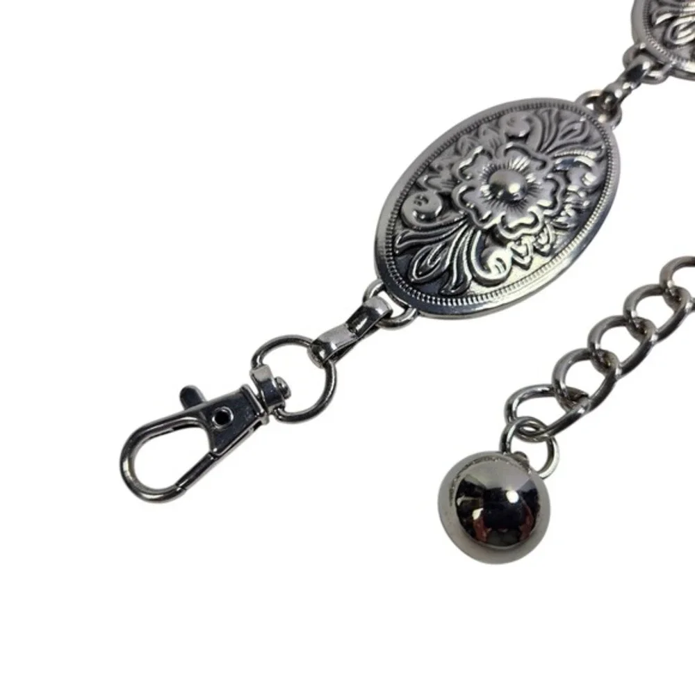 Concho‎ Western Chain Belt Antique Silver Tone Flower Pattern Womens Adjustable